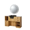 Coiffeuse barbier professionnelle - Poste de coiffage bois clair - Meuble salon de coiffure - Station de coiffage LED - Coiffeuse murale moderne - Mobilier barbier haut de gamme - Meuble de rangement coiffure - Miroir rond lumineux - Coiffeuse design contemporain - Mobilier coiffure premium