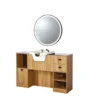 Coiffeuse barbier professionnelle - Poste de coiffage bois clair - Meuble salon de coiffure - Station de coiffage LED - Coiffeuse murale moderne - Mobilier barbier haut de gamme - Meuble de rangement coiffure - Miroir rond lumineux - Coiffeuse design contemporain - Mobilier coiffure premium