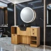 Coiffeuse barbier professionnelle - Poste de coiffage bois clair - Meuble salon de coiffure - Station de coiffage LED - Coiffeuse murale moderne - Mobilier barbier haut de gamme - Meuble de rangement coiffure - Miroir rond lumineux - Coiffeuse design contemporain - Mobilier coiffure premium