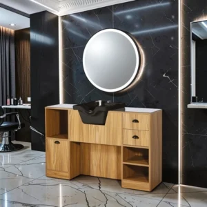 Coiffeuse barbier professionnelle - Poste de coiffage bois clair - Meuble salon de coiffure - Station de coiffage LED - Coiffeuse murale moderne - Mobilier barbier haut de gamme - Meuble de rangement coiffure - Miroir rond lumineux - Coiffeuse design contemporain - Mobilier coiffure premium