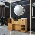 Professional Barber Station - Light Wood Styling Station - Hair Salon Furniture - LED Styling Station - Modern Wall-Mounted Vanity - High-End Barber Furniture - Hairdressing Storage Cabinet - Illuminated Round Mirror - Contemporary Design Vanity - Premium Hairdressing Furniture