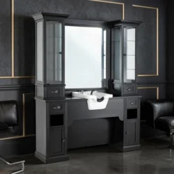 William 1B (1) Barber styling station – professional barber furniture – vintage barber station – hair salon furniture – high-end barber dressing table – retro barbershop furniture – barber workstation – solid wood hair styling furniture – elegant styling station – premium barbershop furniture
