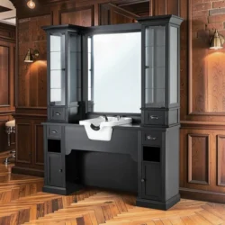 poste de coiffage barbier – meuble barbier professionnel – station de coiffure vintage – mobilier salon de coiffure – coiffeuse barbier haut de gamme – meuble barbershop rétro – poste de travail barbier – meuble de coiffure bois massif – station de coiffage élégante – mobilier barbershop premium