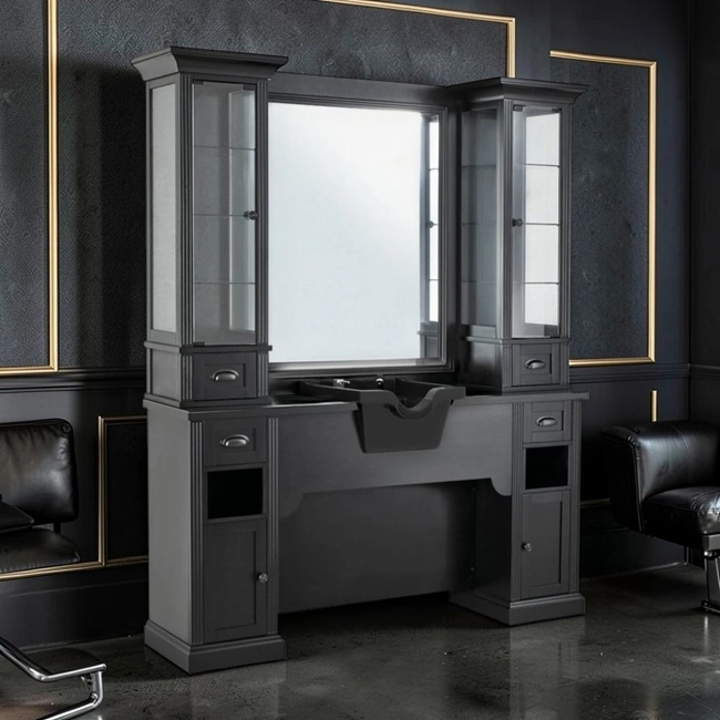 Barber styling station – professional barber furniture – vintage barber station – hair salon furniture – high-end barber dressing table – retro barbershop furniture – barber workstation – solid wood hair styling furniture – elegant styling station – premium barbershop furniture
