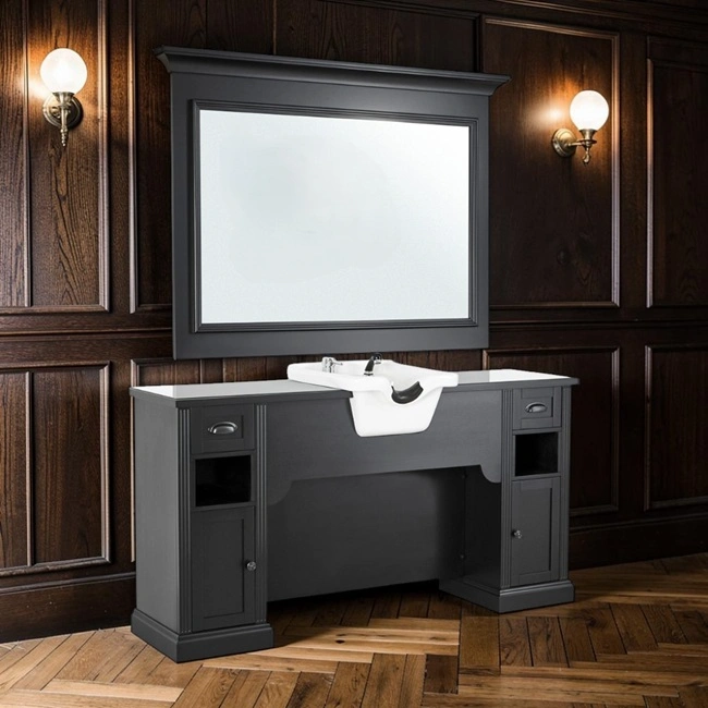 Barber styling station – professional barber furniture – vintage barber station – hair salon furniture – high-end barber dressing table – retro barbershop furniture – barber workstation – solid wood hair styling furniture – elegant styling station – premium barbershop furniture