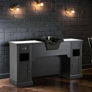 William 5B (1) Barber styling station – professional barber furniture – vintage barber station – hair salon furniture – high-end barber dressing table – retro barbershop furniture – barber workstation – solid wood hair styling furniture – elegant styling station – premium barbershop furniture