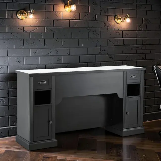 Barber styling station – professional barber furniture – vintage barber station – hair salon furniture – high-end barber dressing table – retro barbershop furniture – barber workstation – solid wood hair styling furniture – elegant styling station – premium barbershop furniture