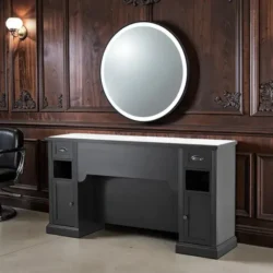 Barber styling station – professional barber furniture – vintage barber station – hair salon furniture – high-end barber dressing table – retro barbershop furniture – barber workstation – solid wood hair styling furniture – elegant styling station – premium barbershop furniture