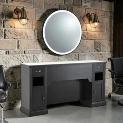 Barber styling station – professional barber furniture – vintage barber station – hair salon furniture – high-end barber dressing table – retro barbershop furniture – barber workstation – solid wood hair styling furniture – elegant styling station – premium barbershop furniture