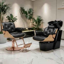 Bac à shampooing professionnel - Bac de lavage coiffure - Meuble pour salon de coiffure - Mobilier de coiffure design - Fauteuil de lavage ergonomique - Mobilier de coiffure haut de gamme - meuble pour salon de coiffure - Bac à shampoing doré et noir - Équipement de coiffure professionnel
