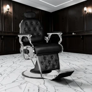 Francesco BLACK Barber Chair (1) professional barber chair – vintage barber chair – adjustable barber chair – high-end barbershop furniture – industrial barber chair – M2 faux leather barber chair – reclining backrest barber chair – chrome base barber chair – client comfort barber chair – designer barber furniture – aluminum armrest barber chair – adjustable headrest barber chair – retro barber chair – sturdy barber chair – ergonomic barber chair – premium barbershop furniture – black leather barber chair – hydraulic adjustment barber chair – stable barber chair – trendy barber furniture