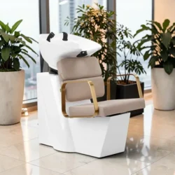 Adele BGD (1) Bac à shampooing professionnel - Bac de lavage coiffure - Meuble pour salon de coiffure - Mobilier de coiffure design - Fauteuil de lavage ergonomique - Mobilier de coiffure haut de gamme - meuble pour salon de coiffure - Bac à shampoing doré et noir - Équipement de coiffure professionnel