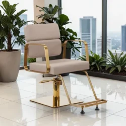Adele Styling Chair BGD (1) Professional Hairdressing Chair - Hairdressing Furniture - Hairdressing Seat - Golden Beige Hairdressing Chair - Furniture for Hair and Beauty Salon - Designer Hairdressing Furniture - Hydraulic Pump Hairdressing Chair - Ergonomic Hairdressing Chair - Gabbiano Adele BGD - High-End Salon Equipment