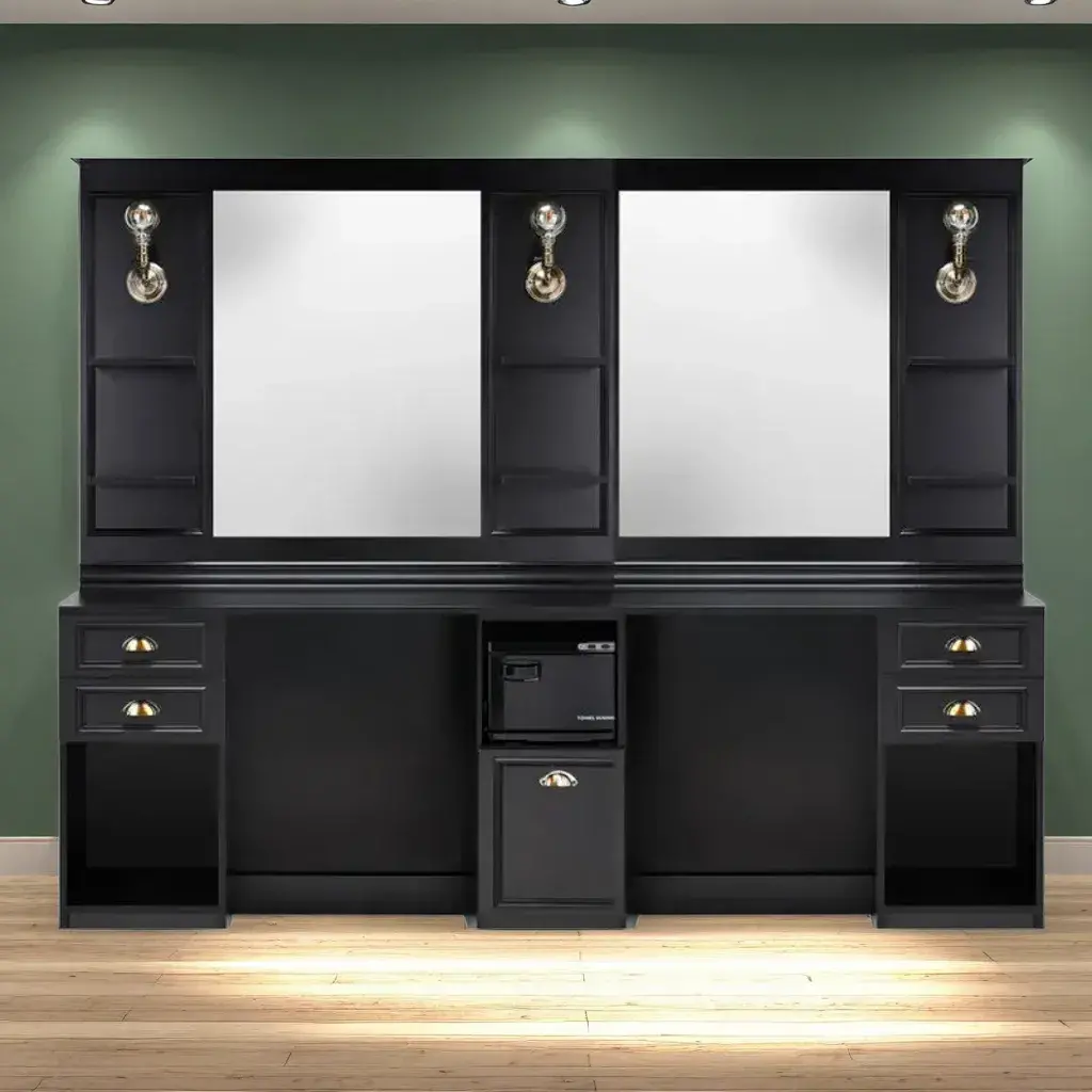 Poste de coiffage barbier LEXUS Noir - Coiffeuse Barbier Lexus Double Noir - mobilier de barbier professionnel - Poste de coiffure double professionnel - meuble pour salon de coiffure