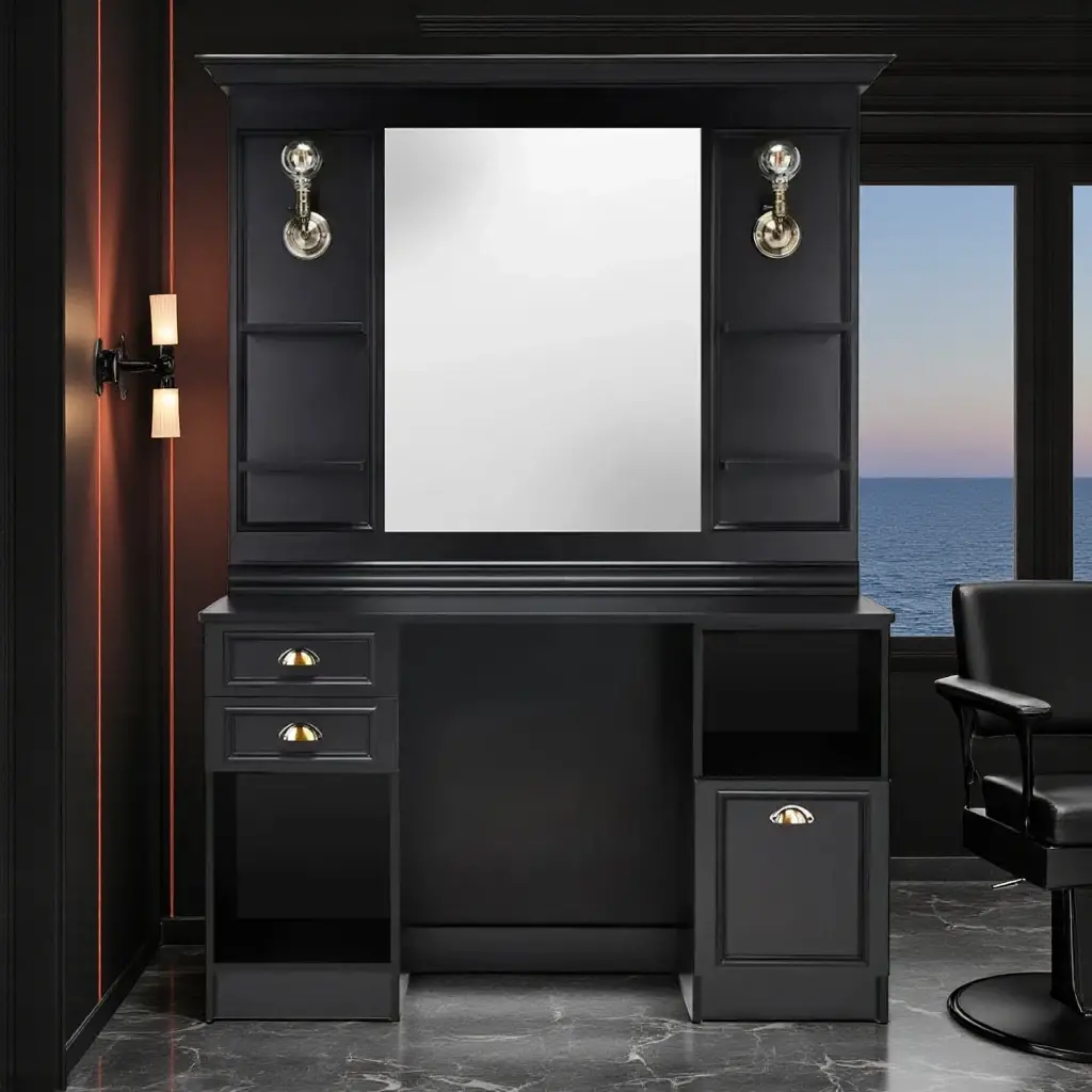 LEXUS-Noir Poste de coiffage barbier LEXUS Noir - coiffeuse barbier LEXUS noir - poste de coiffure professionnel - mobilier de barbier professionnel - meuble pour salon de coiffure