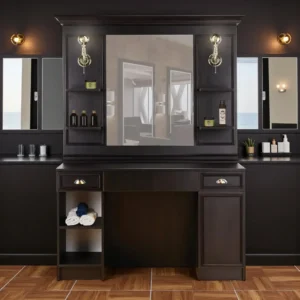 Poste de coiffage barbier LEXUS wengé - coiffeuse barbier LEXUS wengé - poste de coiffure professionnel - mobilier de barbier professionnel - meuble pour salon de coiffure