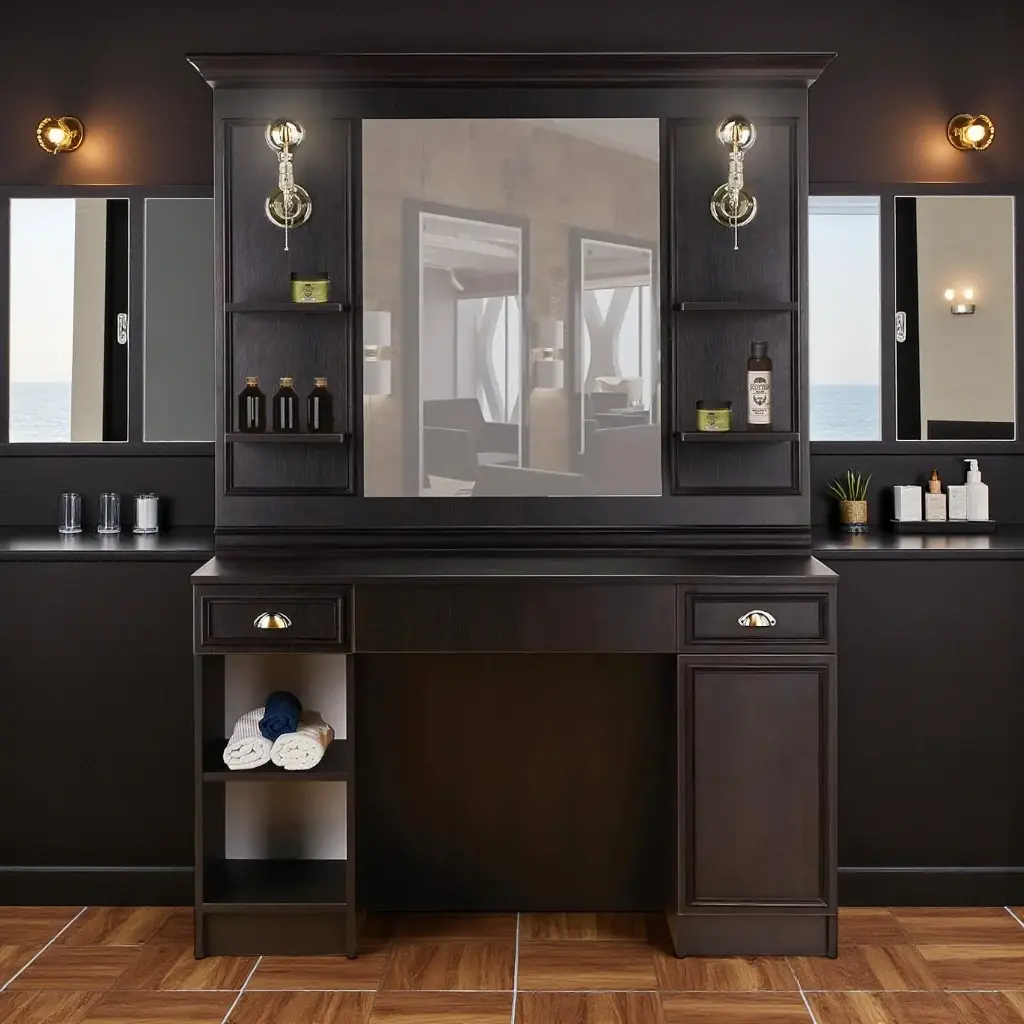 LEXUS Wengé Poste de coiffage barbier LEXUS wengé - coiffeuse barbier LEXUS wengé - poste de coiffure professionnel - mobilier de barbier professionnel - meuble pour salon de coiffure