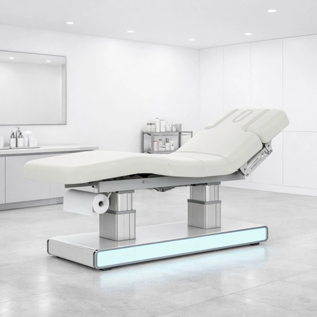 electric massage table - 4 motor aesthetic table - heated spa table - high-end aesthetic furniture - professional treatment table - motorized massage bed - LED spa table - white PU aesthetic table - professional spa equipment - premium massage table