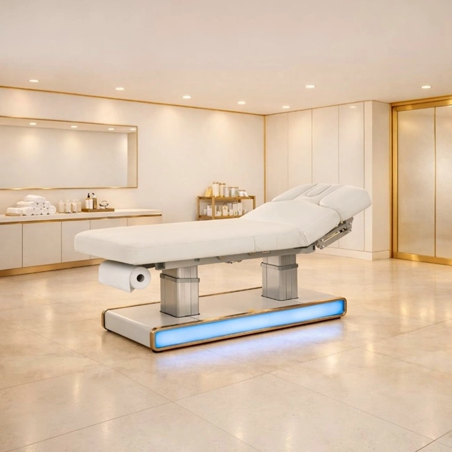 electric massage table - 4 motor aesthetic table - heated spa table - high-end aesthetic furniture - professional treatment table - motorized massage bed - LED spa table - white PU aesthetic table - professional spa equipment - premium massage table