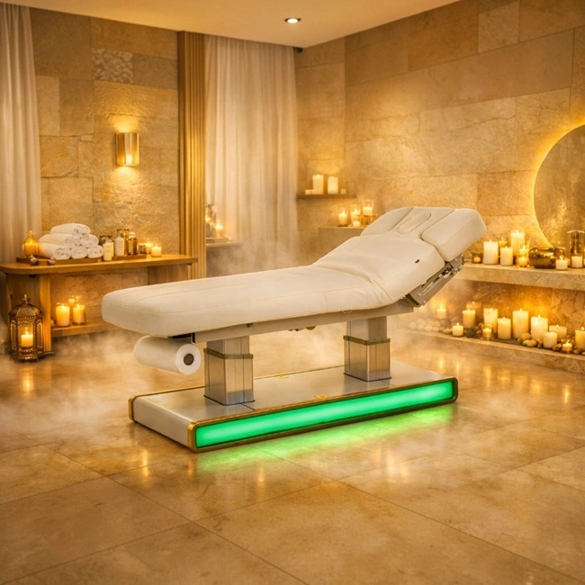 electric massage table - 4 motor aesthetic table - heated spa table - high-end aesthetic furniture - professional treatment table - motorized massage bed - LED spa table - white PU aesthetic table - professional spa equipment - premium massage table