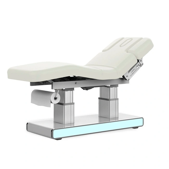electric massage table - 4 motor aesthetic table - heated spa table - high-end aesthetic furniture - professional treatment table - motorized massage bed - LED spa table - white PU aesthetic table - professional spa equipment - premium massage table