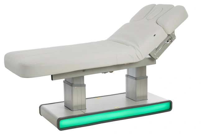 electric massage table - 4 motor aesthetic table - heated spa table - high-end aesthetic furniture - professional treatment table - motorized massage bed - LED spa table - white PU aesthetic table - professional spa equipment - premium massage table