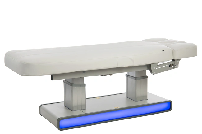 electric massage table - 4 motor aesthetic table - heated spa table - high-end aesthetic furniture - professional treatment table - motorized massage bed - LED spa table - white PU aesthetic table - professional spa equipment - premium massage table