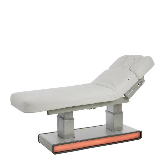 electric massage table - 4 motor aesthetic table - heated spa table - high-end aesthetic furniture - professional treatment table - motorized massage bed - LED spa table - white PU aesthetic table - professional spa equipment - premium massage table