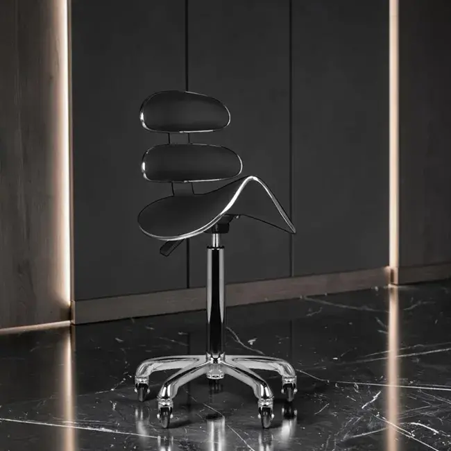 Professional aesthetic stool - Ergonomic beautician seat - Hydraulic treatment stool - Beauty salon furniture - Professional swivel stool - Wheeled massage seat - Manicure pedicure stool - Aesthetic institute equipment - Padded seat stool - High-end aesthetic furniture - Professional hairdressing stool - Wheeled aesthetic stool - Saddle stool - Professional sit-stand seat - Hairdressing and beauty furniture - Ergonomic stool with backrest - Gas lift height adjustment - High-density resilient foam - Chrome star base - Anti-hair casters - Hairdresser cutting stool - Tattoo artist stool - Massage and treatment seat - Manicure and pedicure stool - Washable faux leather upholstery