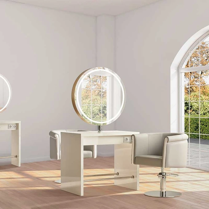 Coiffeuse pola island 2 places - poste de coiffage pola island 2 places - poste de coiffage pour salon de coiffure - mobilier de coiffure professionnel - meuble pour pour salon de coiffure