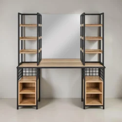 wall-mounted loft styling unit - industrial hair styling station - metal wall-mounted hair salon furniture - modern styling station - professional salon vanity - design loft hair furniture - wall-mounted styling post - black metal wall vanity - compact styling unit - elegant hair salon furniture