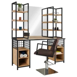 wall-mounted loft styling unit - industrial hair styling station - metal wall-mounted hair salon furniture - modern styling station - professional salon vanity - design loft hair furniture - wall-mounted styling post - black metal wall vanity - compact styling unit - elegant hair salon furniture