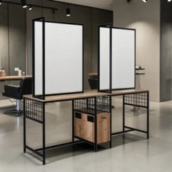 LOFT IV ISLAND (1) wall-mounted loft styling unit - industrial hair styling station - metal wall-mounted hair salon furniture - modern styling station - professional salon vanity - design loft hair furniture - wall-mounted styling post - black metal wall vanity - compact styling unit - elegant hair salon furniture