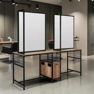 LOFT IV ISLAND (1) wall-mounted loft styling unit - industrial hair styling station - metal wall-mounted hair salon furniture - modern styling station - professional salon vanity - design loft hair furniture - wall-mounted styling post - black metal wall vanity - compact styling unit - elegant hair salon furniture