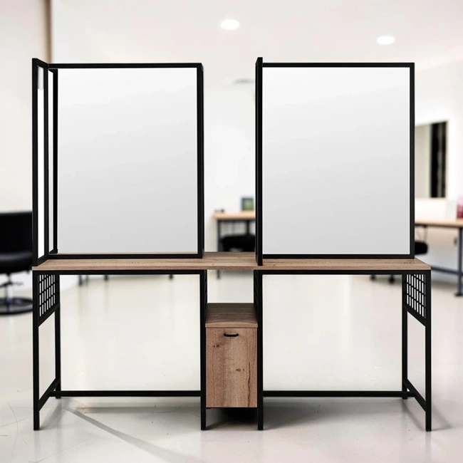 wall-mounted loft styling unit - industrial hair styling station - metal wall-mounted hair salon furniture - modern styling station - professional salon vanity - design loft hair furniture - wall-mounted styling post - black metal wall vanity - compact styling unit - elegant hair salon furniture