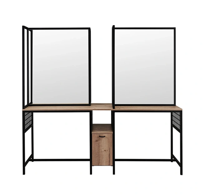 wall-mounted loft styling unit - industrial hair styling station - metal wall-mounted hair salon furniture - modern styling station - professional salon vanity - design loft hair furniture - wall-mounted styling post - black metal wall vanity - compact styling unit - elegant hair salon furniture