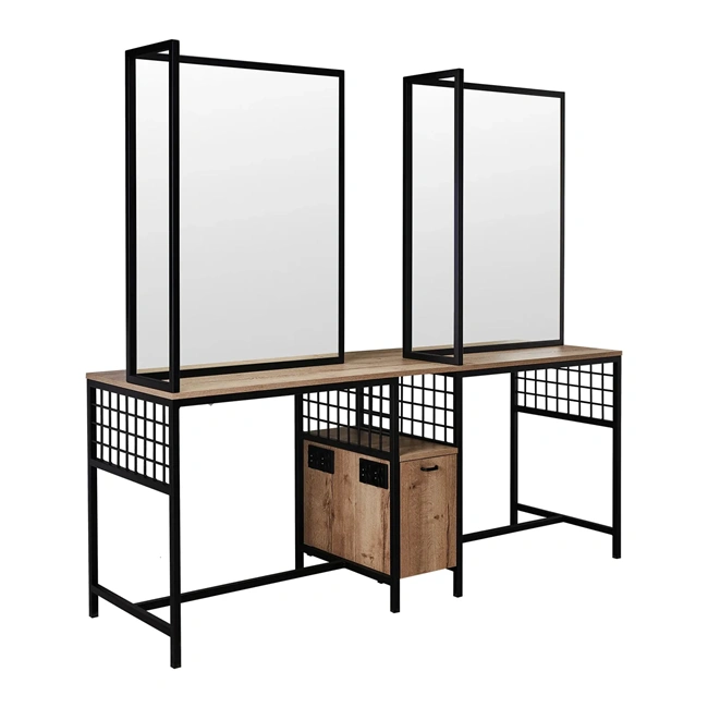 wall-mounted loft styling unit - industrial hair styling station - metal wall-mounted hair salon furniture - modern styling station - professional salon vanity - design loft hair furniture - wall-mounted styling post - black metal wall vanity - compact styling unit - elegant hair salon furniture