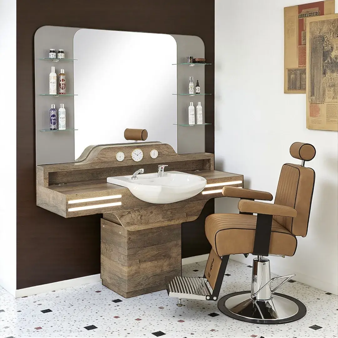 Cadillac-Groupe Coiff (3) Poste de coiffage barbier Cadillac - Coiffeuse barbier Cadillac - Poste de coiffure vintage - Mobilier barbier professionnel -Mobilier pour salon de coiffure