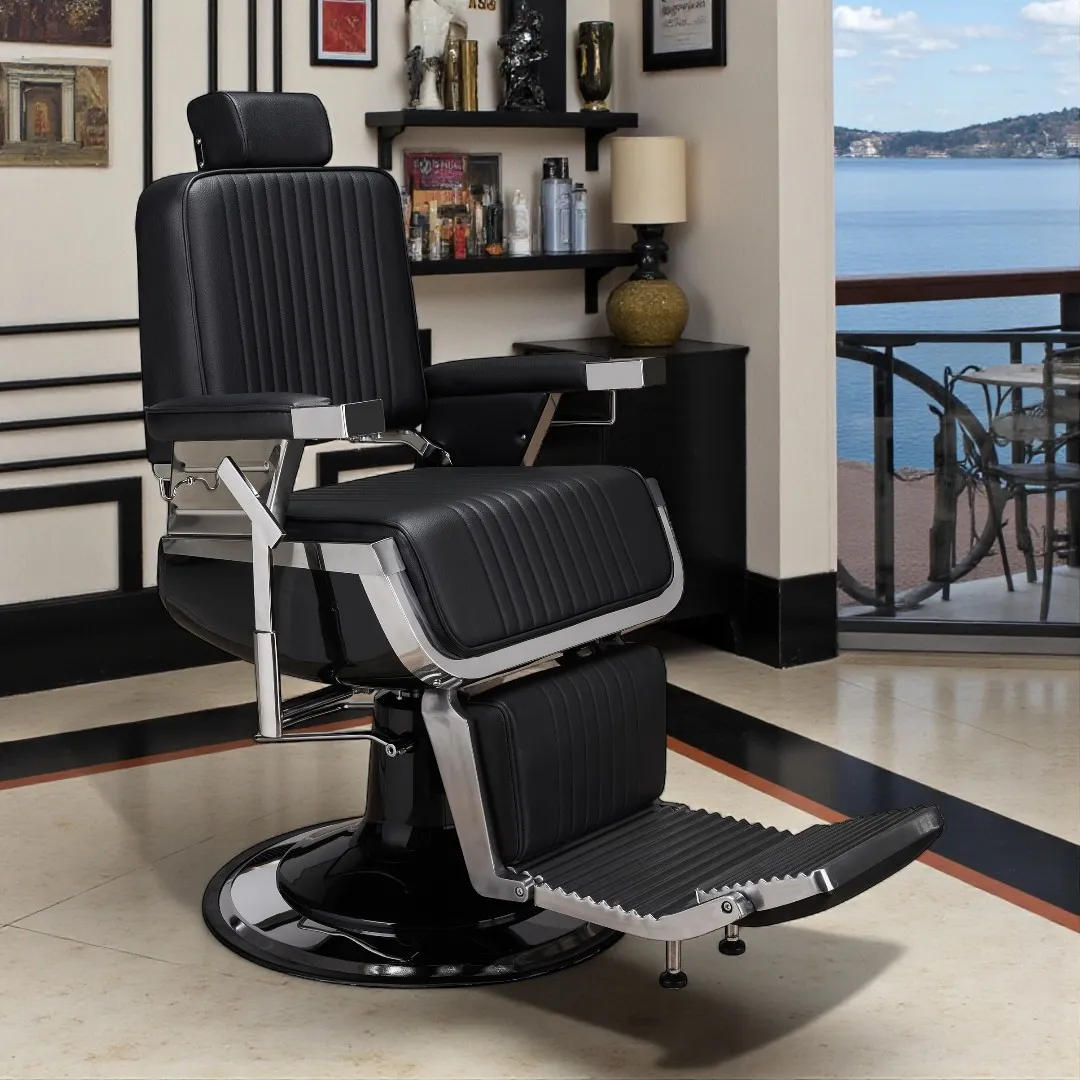 Fauteuil de barbier Elliot full Black - Fauteuil barbier professionnel - chaise de barbier vintage - fauteuil de coiffure pour homme - fauteuil de coiffure vintage - mobilier de coiffure professionnel - mobilier barbier professionnel - siège barber - fauteuil barbershop