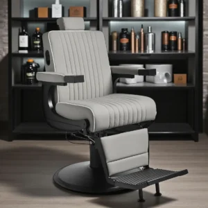 Fauteuil de barbier LEVI Gris - Fauteuil barbier professionnel - chaise de barbier vintage - fauteuil de coiffure pour homme - fauteuil de coiffure vintage - mobilier de coiffure professionnel - mobilier barbier professionnel - siège barber - fauteuil barbershop