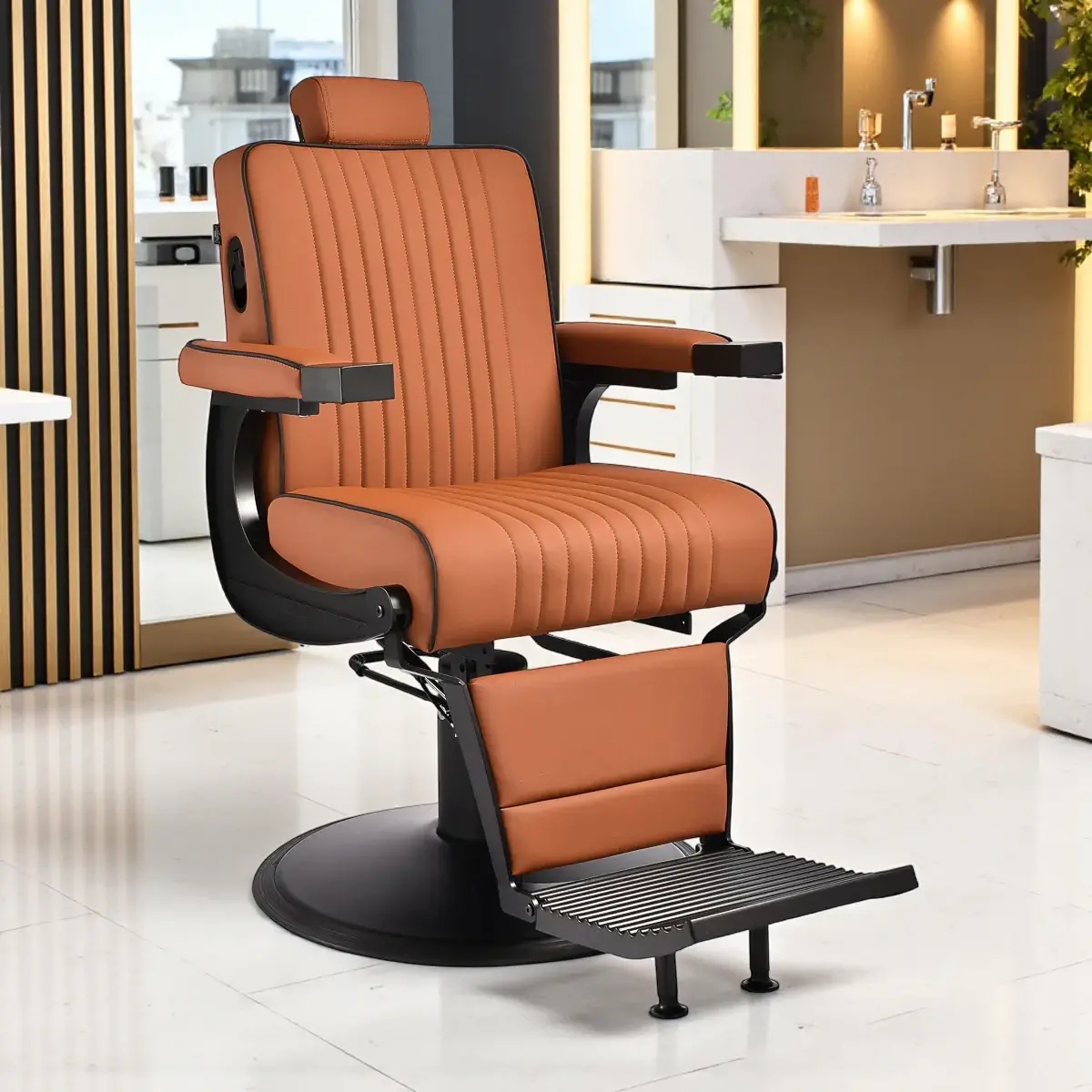 LEVI Marron (1) Fauteuil de barbier LEVI Marron - Fauteuil barbier professionnel - chaise de barbier vintage - fauteuil de coiffure pour homme - fauteuil de coiffure vintage - mobilier de coiffure professionnel - mobilier barbier professionnel - siège barber - fauteuil barbershop