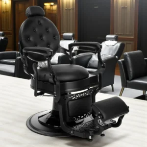 Fauteuil de barbier TOMMY Full Black - Fauteuil barbier professionnel - chaise de barbier vintage - fauteuil de coiffure pour homme - fauteuil de coiffure vintage - mobilier de coiffure professionnel - mobilier barbier professionnel - siège barber - fauteuil barbershop