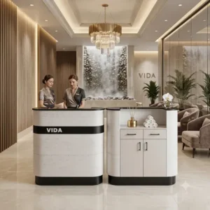 Meuble de réception VIDA - Comptoir d'Accueil VIDA - Meuble d'Accueil VIDA - Comptoir caisse VIDA - mobilier de coiffure haut de gamme - meuble pour salon de coiffure