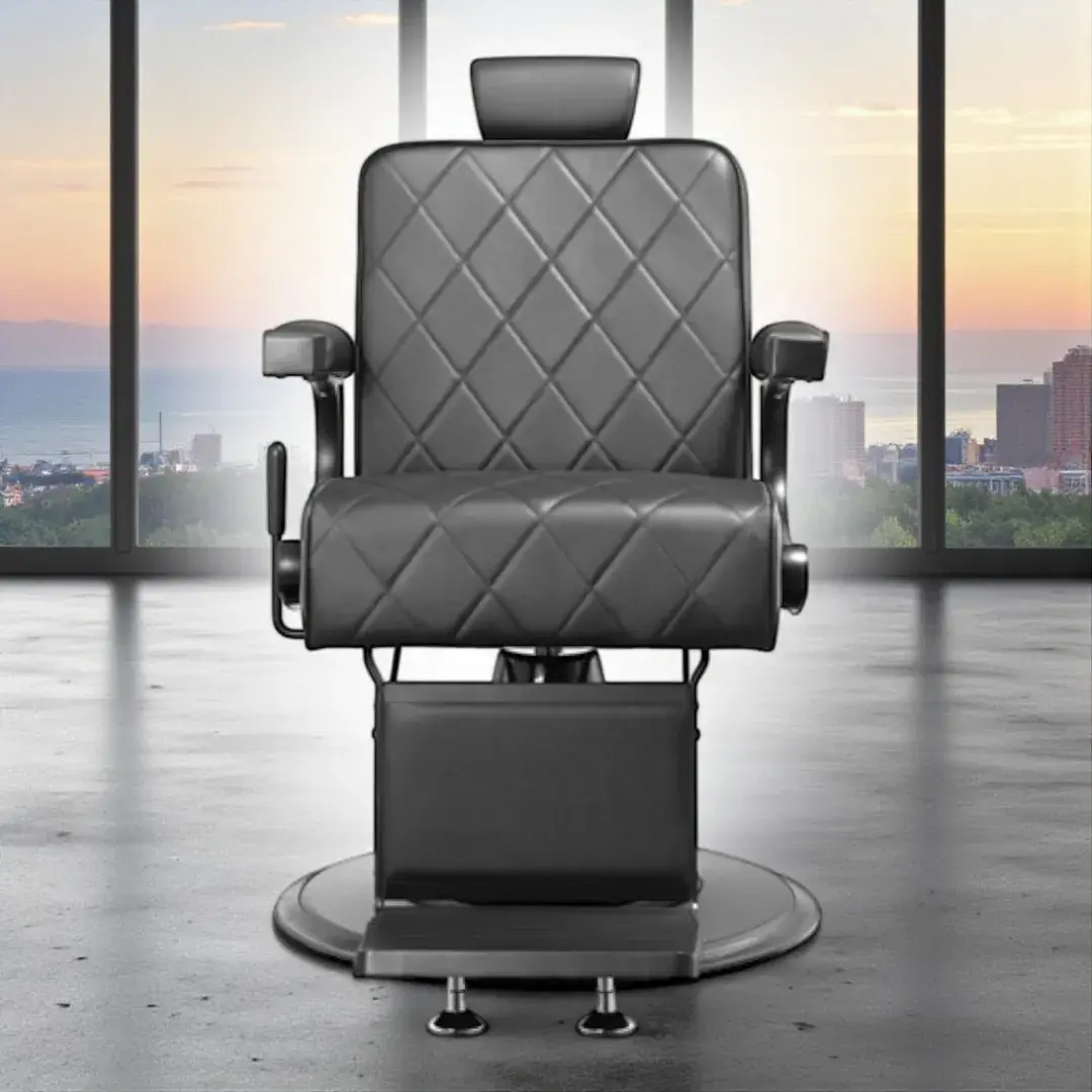 Fauteuil de barbier LEVI Gris - Fauteuil barbier professionnel - chaise de barbier vintage - fauteuil de coiffure pour homme - fauteuil de coiffure vintage - mobilier de coiffure professionnel - mobilier barbier professionnel - siège barber - fauteuil barbershop