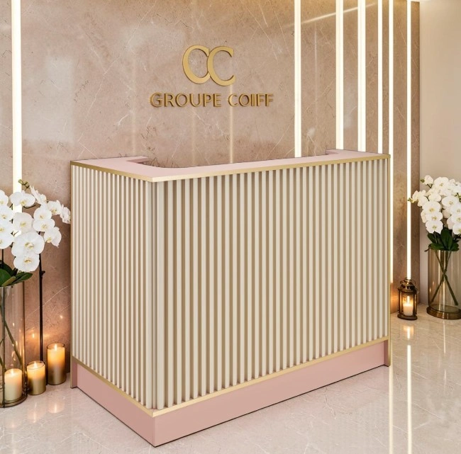 Professional reception desk - Salon reception furniture - Hair salon checkout counter - High-end hair salon furniture - Modern salon reception desk - Designer reception furniture - Custom reception desk - Professional beauty furniture - LED light-up checkout counter - Custom reception furniture