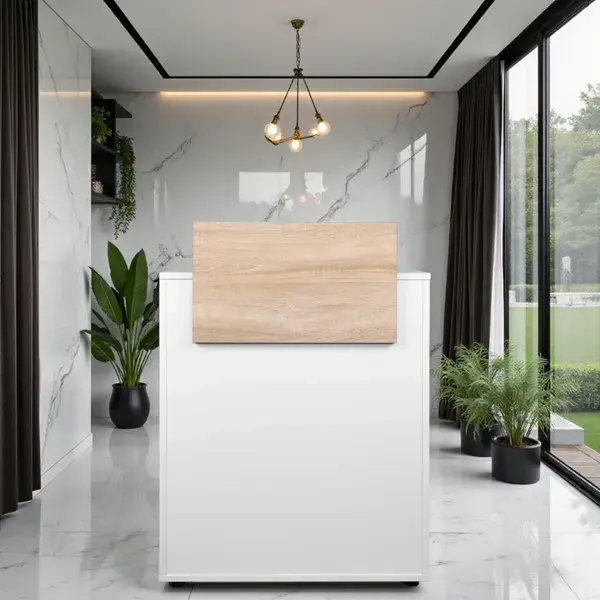 Comptoir d'accueil DYLAN 22/16 - comptoir caisse Dylan - Meuble de réception DYLAN 22/16 - meuble de réception salon de coiffure - mobilier de coiffure professionnel - meuble d'accueil salon de coiffure - comptoir blanc