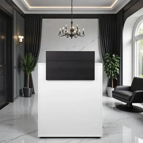 Comptoir d'accueil DYLAN 22/98 - comptoir caisse Dylan - Meuble de réception DYLAN 22/98 - meuble de réception salon de coiffure - mobilier de coiffure professionnel - meuble d'accueil salon de coiffure - comptoir blanc