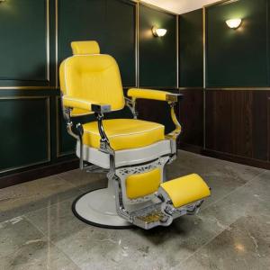 LEMON Blend barber chair – yellow barber chair – vintage barber chair – professional barber chair – massaging barber chair – chromed barber chair – high-end barber chair – PVC leather barber chair – reclining barber chair – premium barber furniture – retro barber chair – modern barber chair – sturdy barber chair