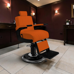 Fauteuil Barbier Premium New School Orange-1 fauteuil de barbier Premium New School – fauteuil barbier orange – fauteuil barbier vintage – fauteuil barbier professionnel – fauteuil barbier dossier massant – fauteuil barbier haut de gamme – fauteuil barbier stable – fauteuil barbier cuir PVC – fauteuil barbier inclinable – mobilier barbier premium – chaise de barbier design – fauteuil barbier personnalisable – fauteuil de coupe homme – fauteuil barbier robuste – fauteuil barbershop moderne