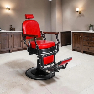 MONACO barber chair – red barber chair – vintage barber chair – professional barber chair – massaging barber chair – high-end barber chair – sturdy barber chair – PVC leather barber chair – reclining barber chair – premium barber furniture – retro barber chair – vintage barber chair – solid wood barber chair